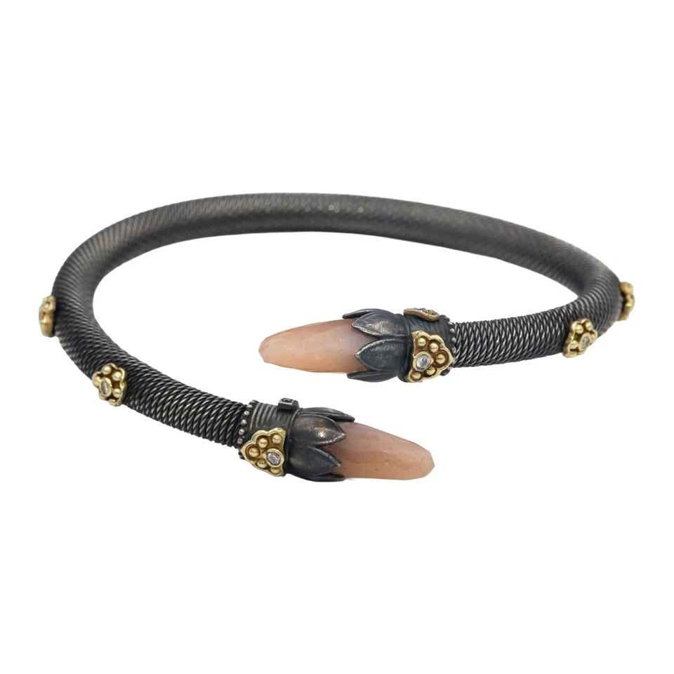 STAMBOLIAN 18k Gold & Sterling Silver 0.07CT Diamond Rose Quartz Cuff Bracelet