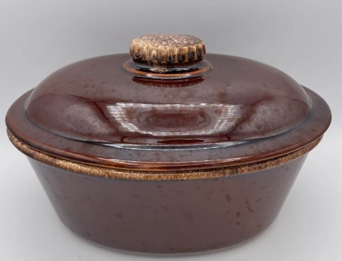 Vintage Hull Oven Proof Brown Drip Oval Serving Bowl Casserole with Lid 10" USA