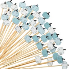 200 Pcs Thanksgiving Fall White Blue Pumpkin Cocktail Picks 5.1 Inch Bamboo