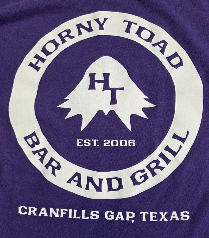HORNY TOAD Bar & Grill - Cranfills Gap, Texas TX Est. 2006 T-Shirt Large Purple 