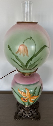Oil Lamp GWTW Embossed Hand Painted IRIS Flowers Pink Green Beautiful 23” Tall - Picture 1 of 24