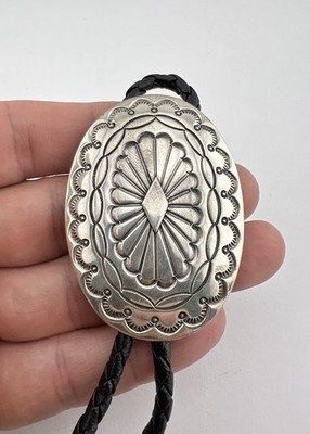 Vtg Tim Guerro Navajo Sterling Silver Deep Stamped Concho Oval Bolo Tie 2.25''