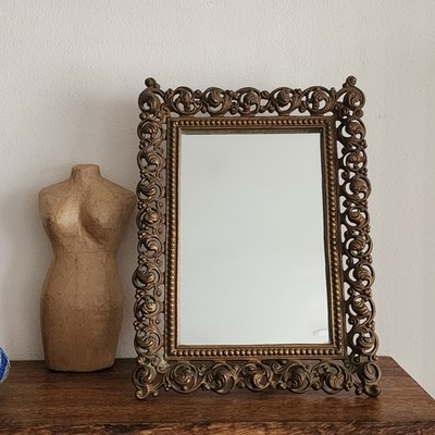 Antique Rococo Victorian Gold Tone Cast Brass Ornate Design Vanity Mirror Stand
