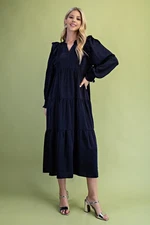 Gigio by Umgee Navy Tiered Long Sleeve Midi Dress Pleated Front Scalloped Detail