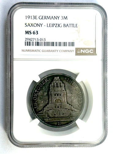 GERMANY SILVER 3 MARK 1913E SAXONY -LEIPZIG BATTLE MS 63 NGC