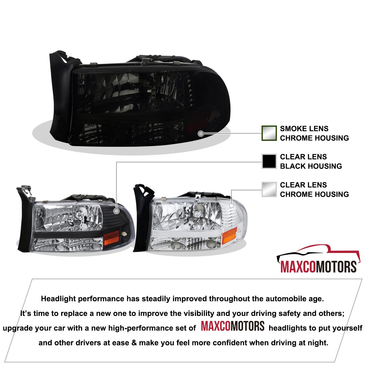 AKKON - Fits 1997-2004 Dodge Dakota | 98-03 Durango Chrome Driver Left + Passenger Right Side Headlights +Signal Lamp Pair Set