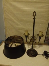 Antique Dual Candelabra Brass Bronze Table Light W/ Metal Shade