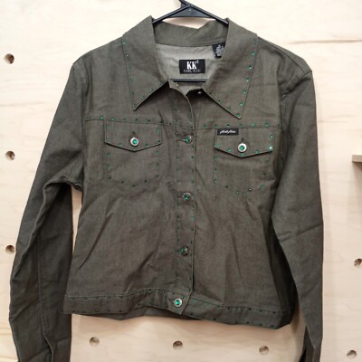 Great Karl Kani cropped Denim Jacket With Green Rhinestone Trim
