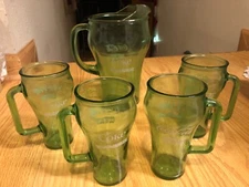 SET Coca-Cola Whataburger Cowboy Green Glass Pitcher w/ 4 cups