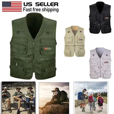 Mens Vest Casual Fishing Outdoor Jacket Work Safari Travel Cargo Multi Pockets