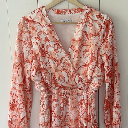 Tahari Arthur Levine Faux Wrap Dress Size Medium Pink White Floral Frilly * - Picture 2 of 7