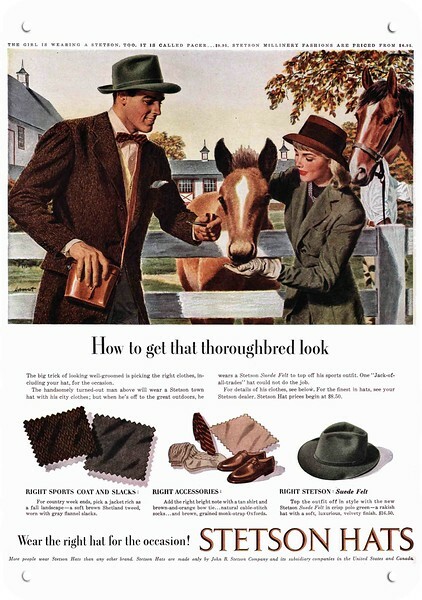 1947 Cappello Stetson purosangue cavallo e pony **REPLICA DECORATIVA INSEGNA METALLO**