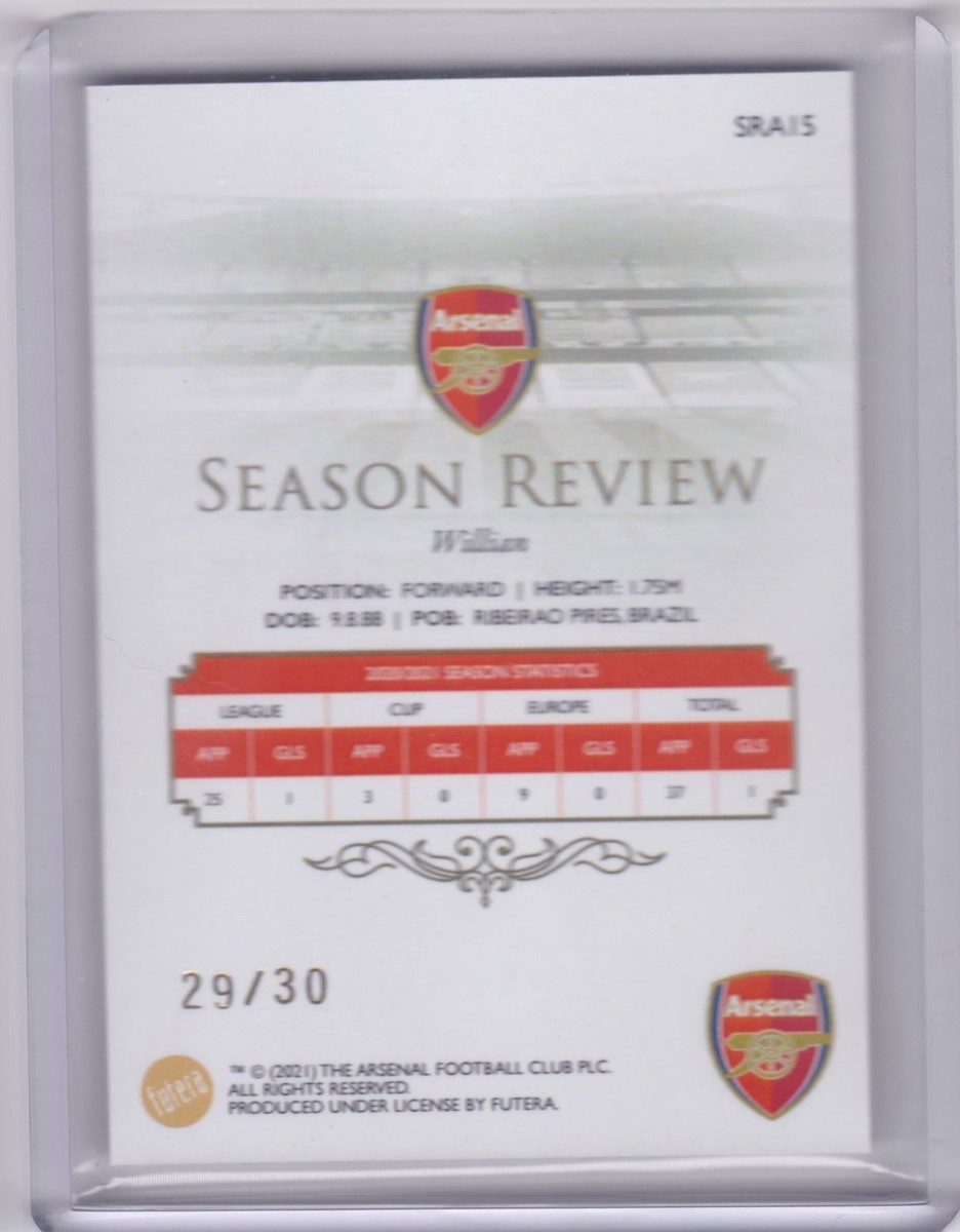 2021 Futera Unique Arsenal Season Review #15 Willian 29/30