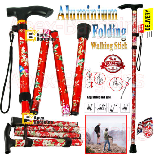 Aluminium Folding Walking Stick Sparkly Floral Cane Adjustable Pole Mobility RD - Picture 1 of 19