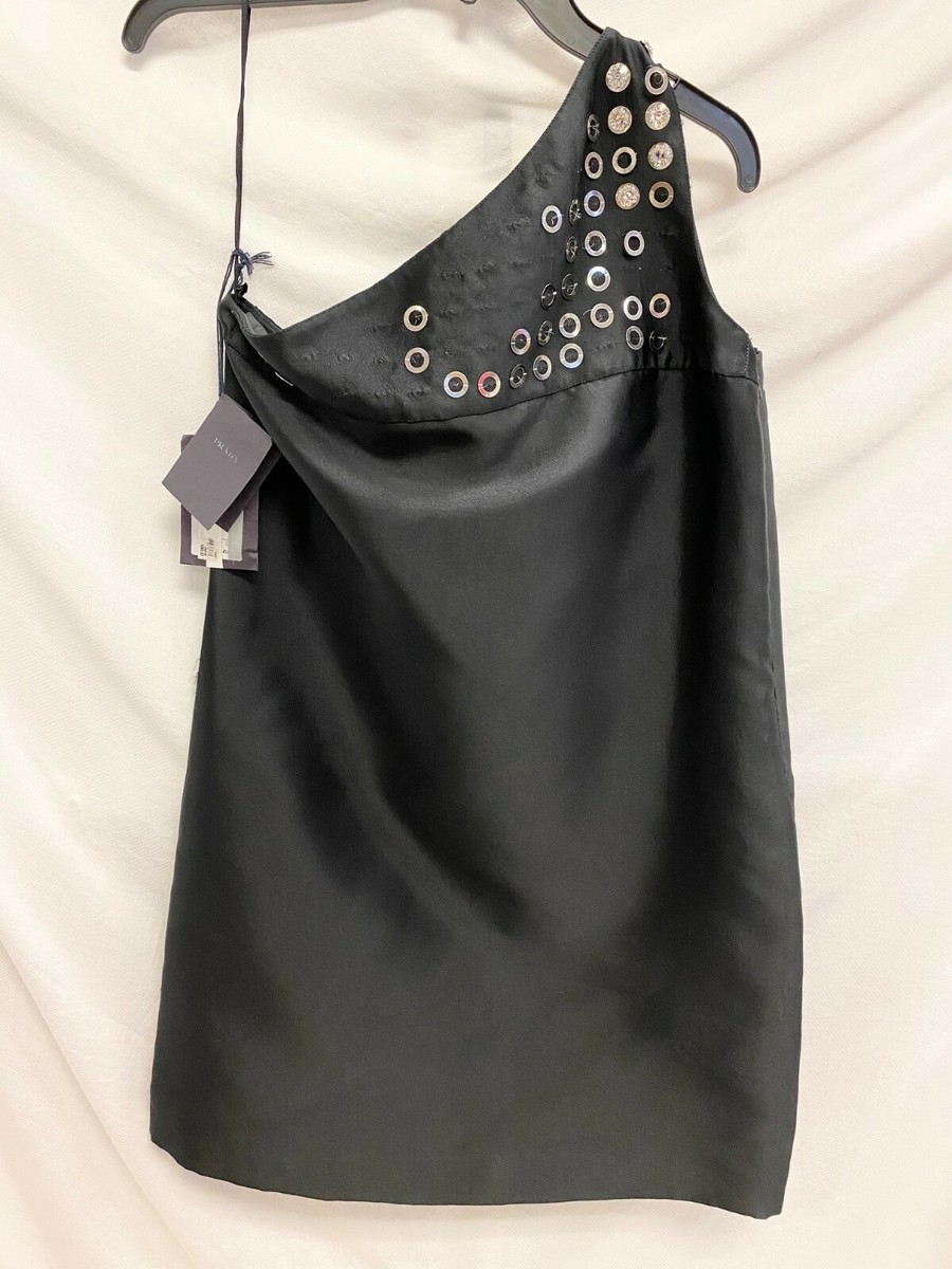 PRADA Black Satin One Shoulder Rhinestone Embellished Mini PRADA Black Satin One Shoulder Rhinestone Embellished Mini