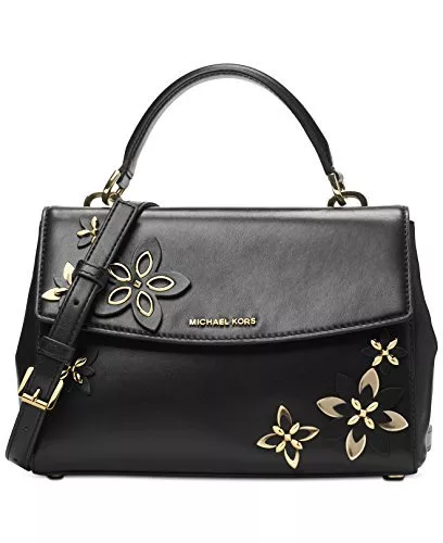 New Michael Kors Flowers Ava Small Leather Top Handle Satchel Purse Black  floral