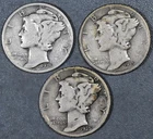 1935-PDS 10C MERCURY SILVER DIME 3 Coins KM# 140 Grade:  VG+ A6642