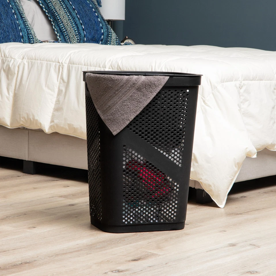 Slim Laundry Basket 60L, Plastic Hamper With Ventilated Lid, Set Of 2, Black - Image 3 of 4