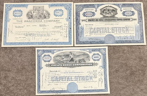 Vintage Stock Certificates, Phelps Doge, Calumet & Hecka, The Anaconda Company - Picture 1 of 7
