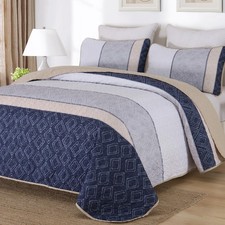 Boho Quilt Set King Size 3 Pieces - Khaki  Navy Blue Microfiber Bedding