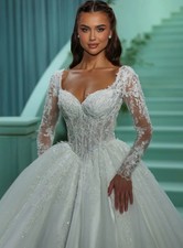 A Line Wedding Dresses Sweetheart Long Sleeve Lace Applique Bridal Gown