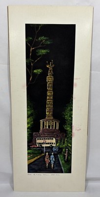 Vintage Original German Painting on Black Velvet Victory Column Berlin