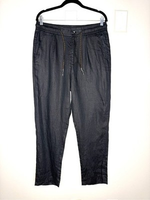 Gianni Lupo Double Mens 100% Linen Drawstring Trouser Pants Black Size 48 - XL