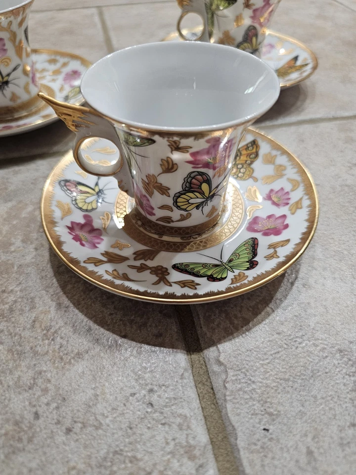 Juego de 4 tazas y platillos clásicos de café y té Demitasse espresso mariposa Foto 3 de 4
