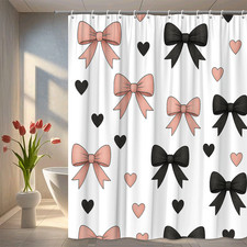 Cute Pink and Black Bow Shower Curtain, Fabric Bathroom Decor