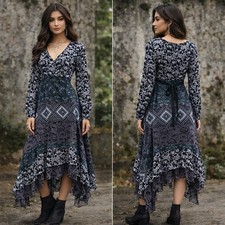 Boho Midi Dress Sz S Geometric Print Long Sheer Sleeve Whimsygoth Fairy Grunge