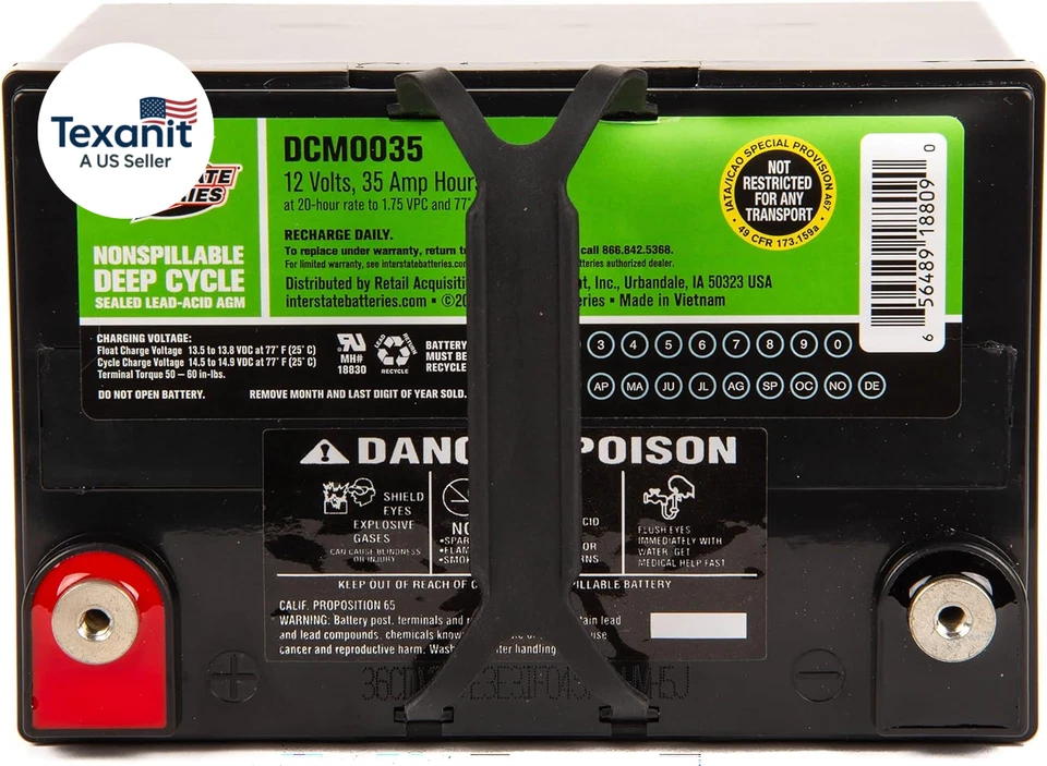 12V 35AH Sealed Lead Acid (SLA) AGM Deep Cycle Battery (DCM0035) Insert Terminal - Image 3 of 4