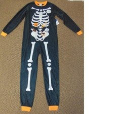 Boys 1 Pc Skeleton Halloween Pajamas 14/16 GLOW IN THE DARK Fleece Zip Up