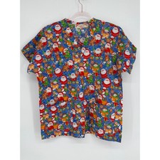 Fashioned by Barbara Christmas Scrub Top Santa Reindeer Blue Short Sleeve V-Neck