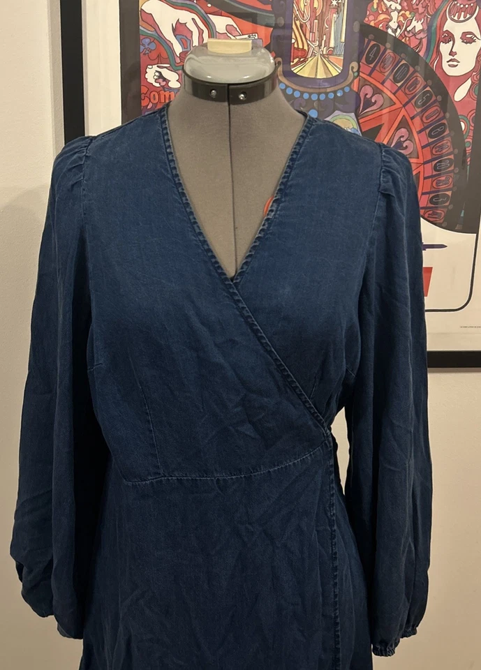Old Navy Womens Blue Long Puff Sleeve Mini Wrap Around Tie Dress Sz L Chambray - Image 2 of 4