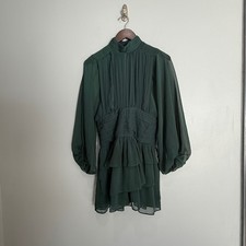 Express Pleated Chiffon Tiered Ruffle Mini Dress Green ethereal dark academia