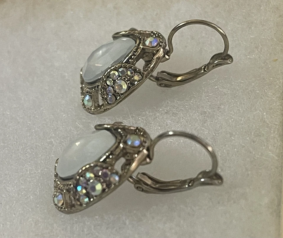 VTG-Dangle Earrings W/Faux Mother Of Pearl Surrounded W/Clear iridescent Crystal - Image 2 of 3