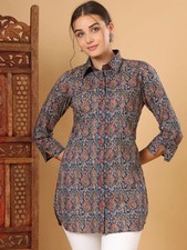 Indian Women Cotton Blue  Red Floral Printed Kurta Kurti Top Shirt Tunic Dress