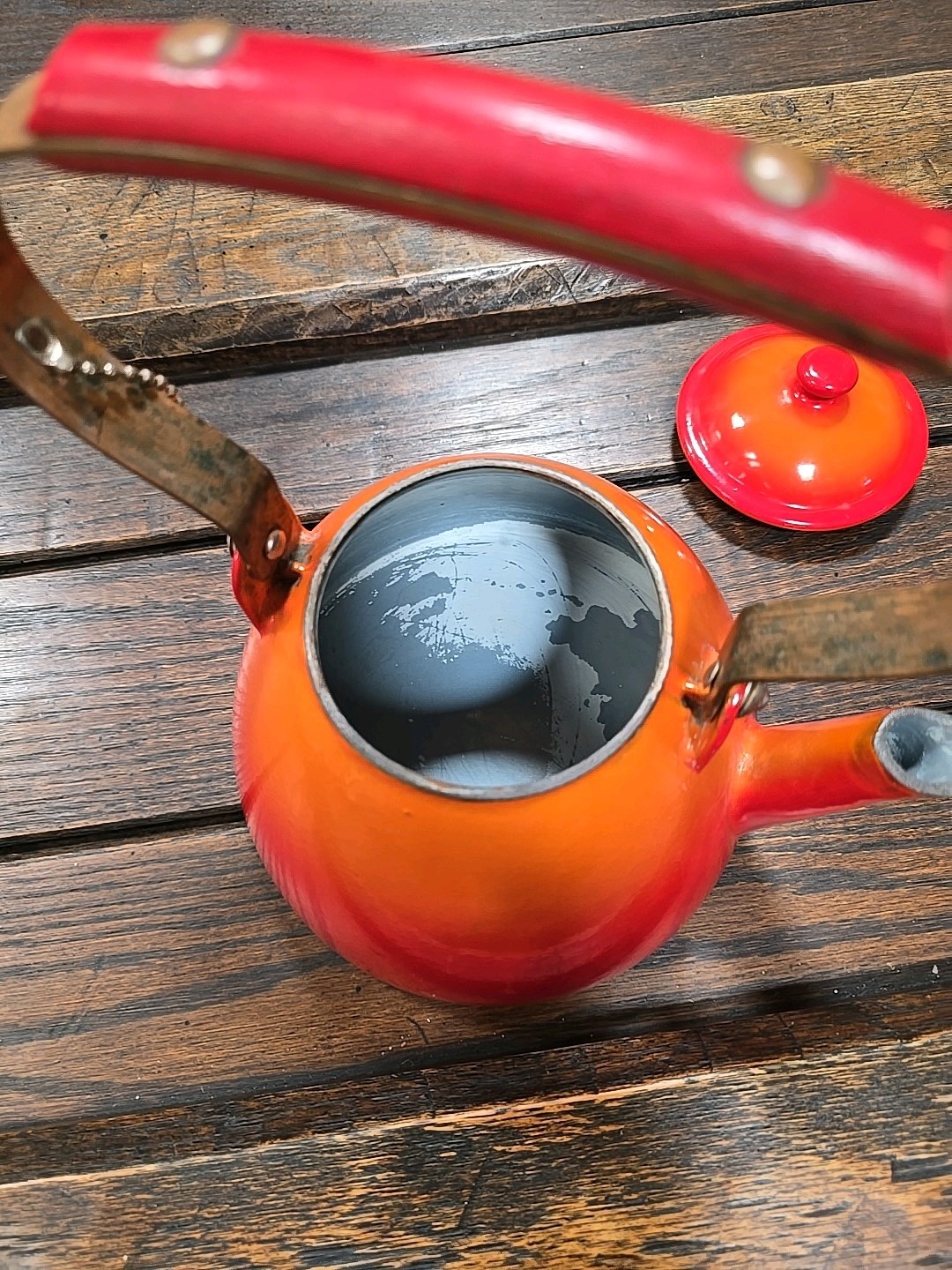 Vtg Descoware Kettle Teapot Flame Orange Enameled Cast Iron Copper MCM, ArtDeco
