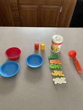 Vtg 1987 Fisher Price Fun w Play Food Alphabet Vegetable Soup Can Ladle bowl sal