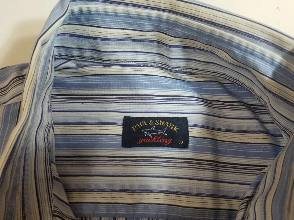 Paul Shark 游艇男式长袖条纹蓝色连衣裙棉质衬衫 39 码 — 第 3/4 张图片