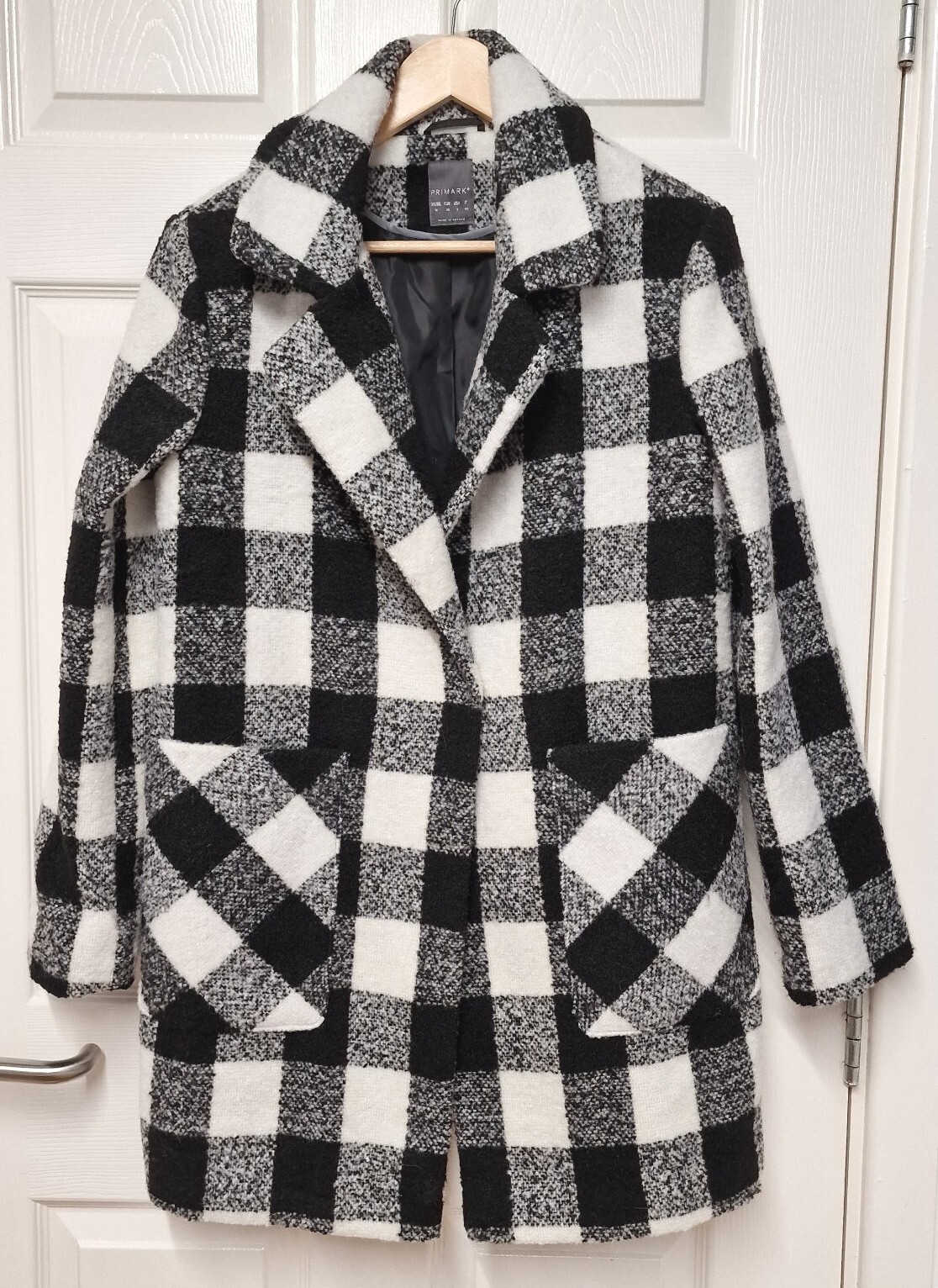 Primark X Stacey Solomon Monochrome Check Wool Like Coat Size 10 12 Black White image 3