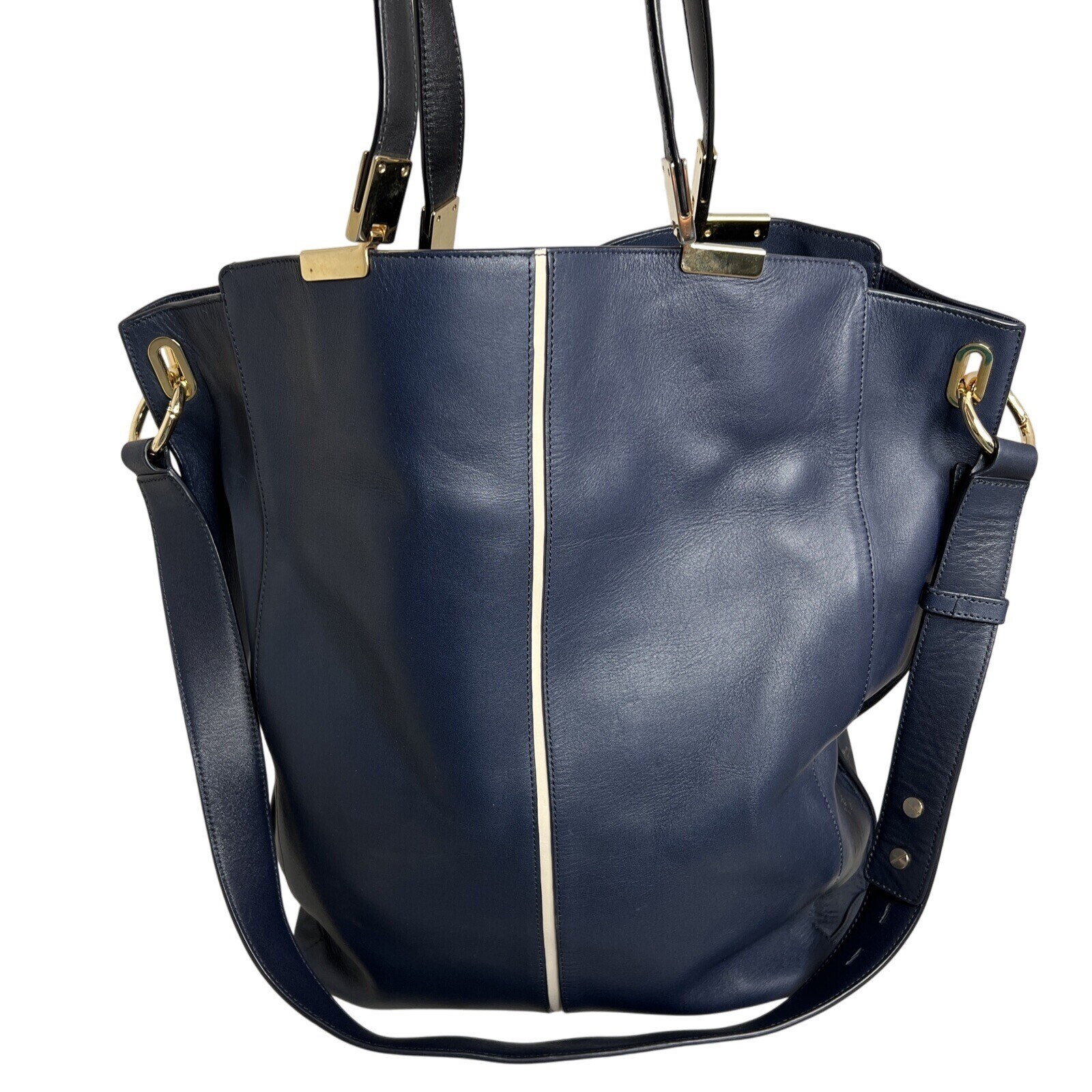 Navy Blue Leather Tote Bag with Gold Hardware and White Accent