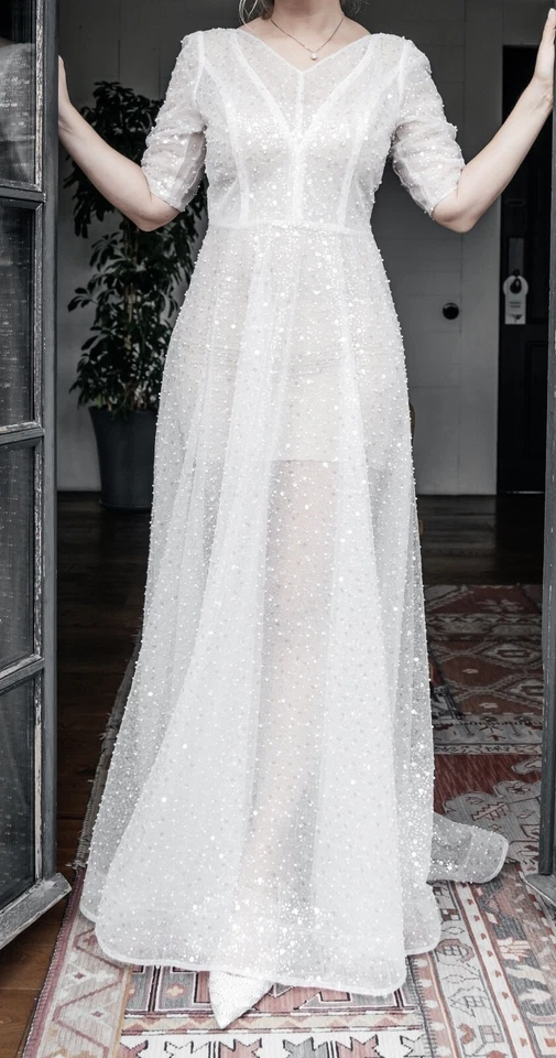 See through Sequin Beaded Sparkly Dress, A Line Sparkly Bridal Gown Over Dress - Image 3 of 4