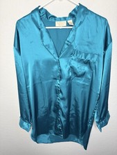Vintage Victoria  s Secret Satin Nightgown Size Small Sleep Shirt Blue Gold Label
