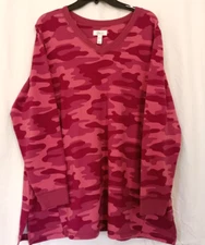 D & Co. Active Women's Top XL Pink Camo Print Tunic Stretch Casual Pullover