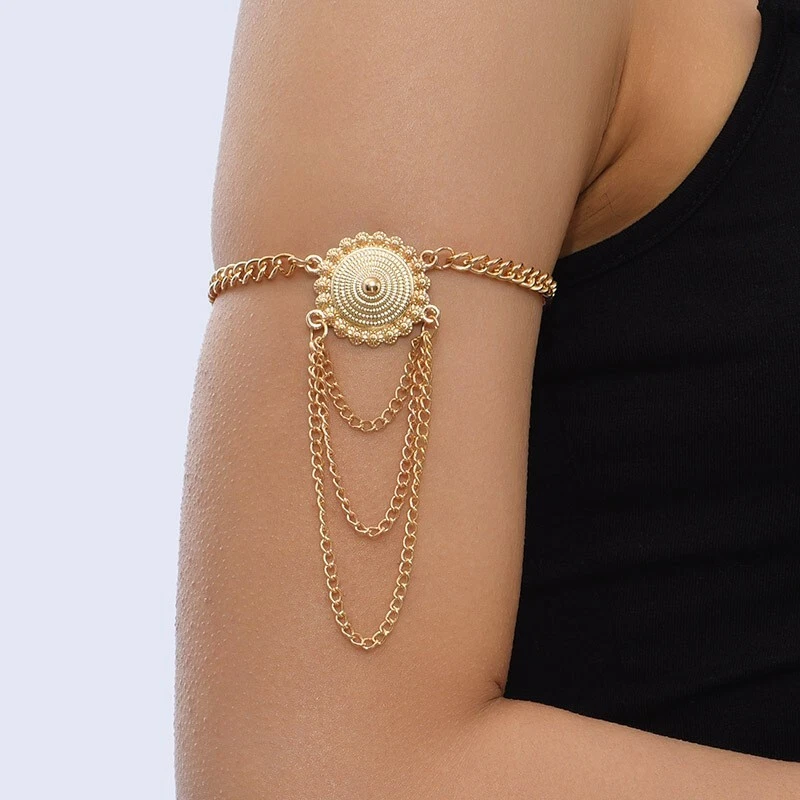 Women Gold Metal Upper High Arm Cuff Bracelet Round Bling Fashion Jewelry