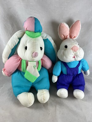 2 Nylon Puffy Stuffed Bunny Rabbits Floppy Ears International Silver  1990s