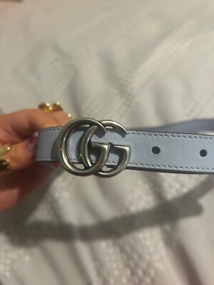 Gucci (Authentic) Thin Baby Blue Leather Belt with Silver Buckle
