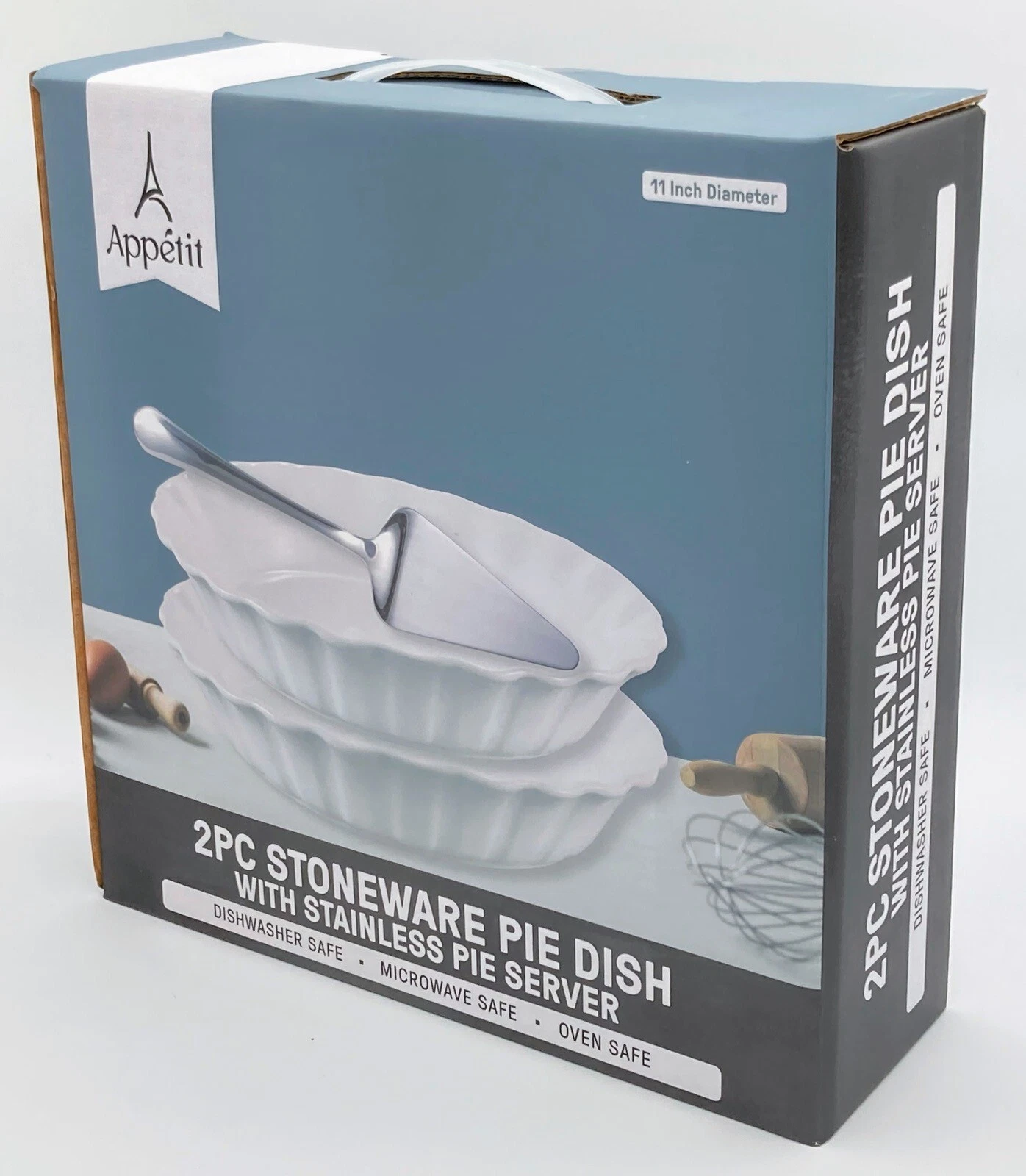Appetit 2 Pc Stoneware Pie Dish 11" Set of Two w/ Stainless Pie Server, White