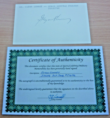 GLYNN LUNNEY Autogramm Karte NASA Flight Director Apollo ca. 12,7x7,7cm COA